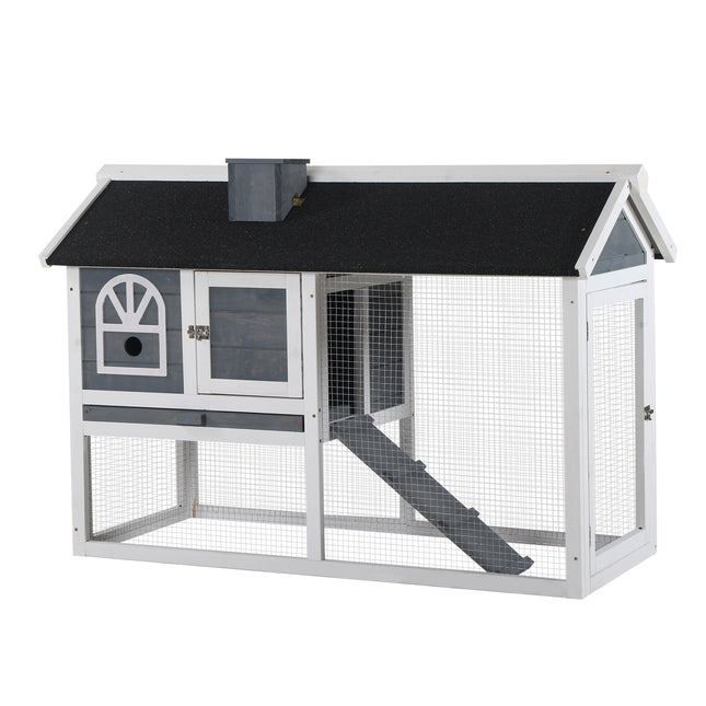 Guinea Pigs Hutch Wooden Bunny Cage with Pull-Out Tray, Ramp & Asphalt Roof for Small Animals - Grey