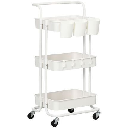 Three-Tier Home Trolley with Handle, Wheels and Storage Baskets - White