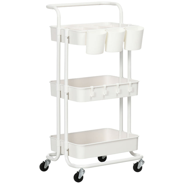 Three-Tier Home Trolley with Handle, Wheels and Storage Baskets - White