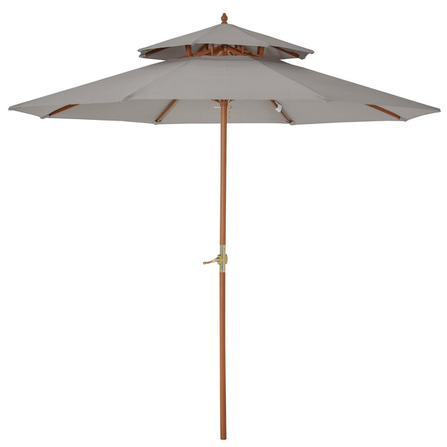 2.7 Metre Double Tier Wooden Garden Parasol with Grey Canopy - Grey