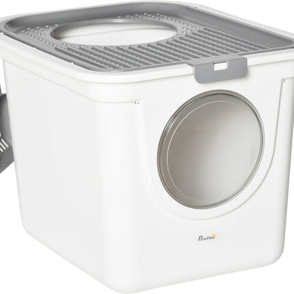 Enclosed Cat Litter Box with Front Entrance and Top Exit Scoop for Kittens - White