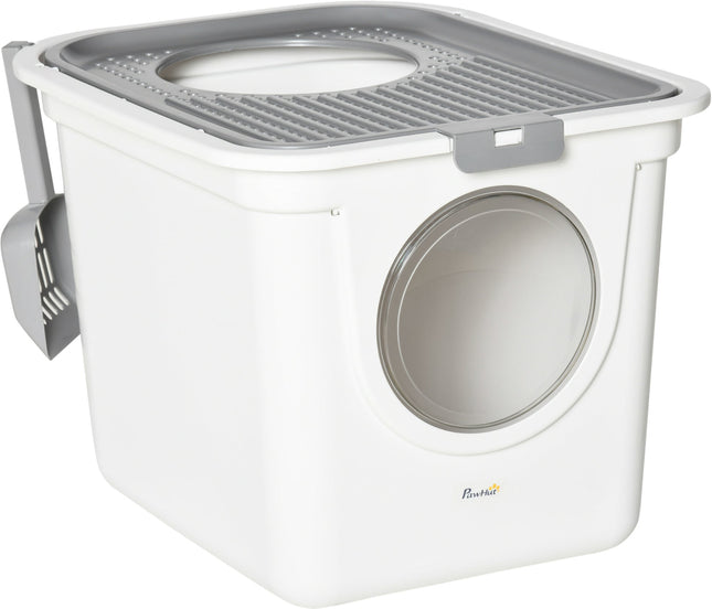 Enclosed Cat Litter Box with Front Entrance and Top Exit Scoop for Kittens - White