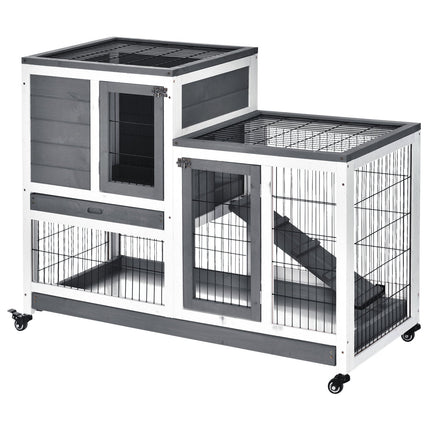Wooden Indoor Elevated Guinea Pigs and Rabbits Hutch with Enclosed Run and Wheels - Grey and White