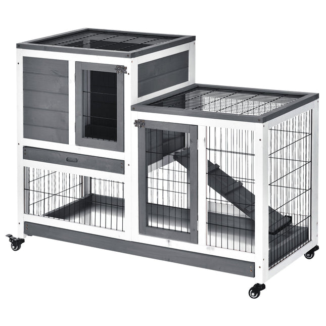 Wooden Indoor Elevated Guinea Pigs and Rabbits Hutch with Enclosed Run and Wheels - Grey and White
