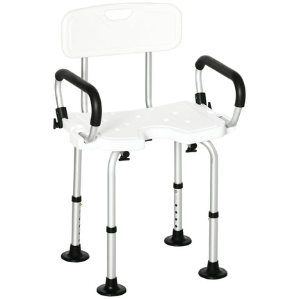 Height Adjustable Shower Chair with Backrest and Flip-Up Padded Arms for Elderly and Disabled - White