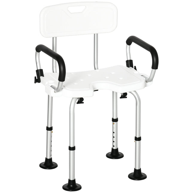 Height Adjustable Shower Chair with Backrest and Flip-Up Padded Arms for Elderly and Disabled - White