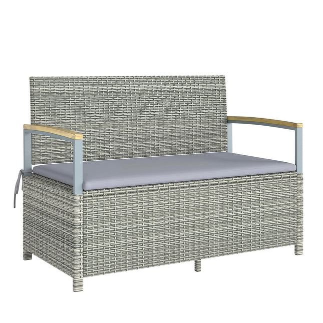 170 L Garden Storage Bench with Zipped Liner, 2 Seater Rattan Garden Bench with Storage, Gas Strut, Cushion, Light Grey