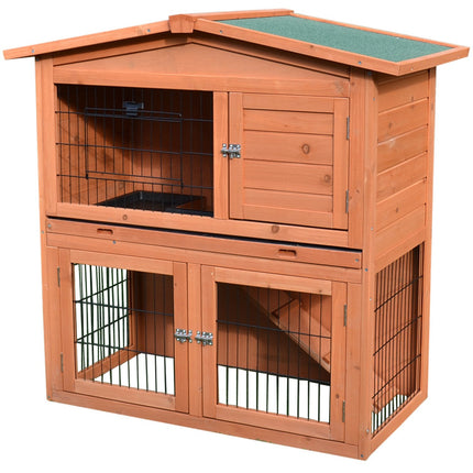 2 Tier Rabbit Hutch Guinea Pig Ferret Cage with Ramp & Slide-Out Tray 100.5x55x101 cm - Brown