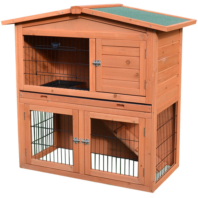 2 Tier Rabbit Hutch Guinea Pig Ferret Cage with Ramp & Slide-Out Tray 100.5x55x101 cm - Brown