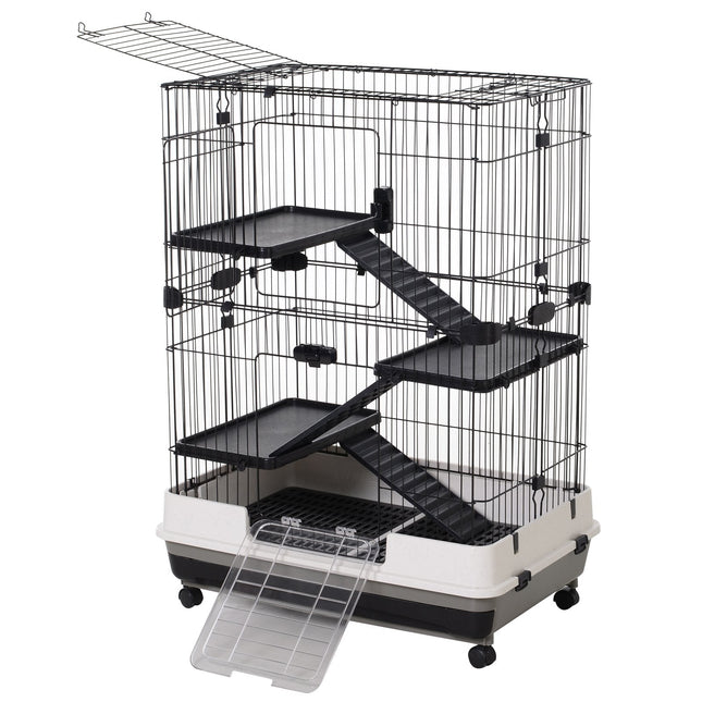 Small Guinea Pigs Hutch Pet Play House with Platform, Ramp & Removable Tray for Rabbits, Chinchillas - Black and White