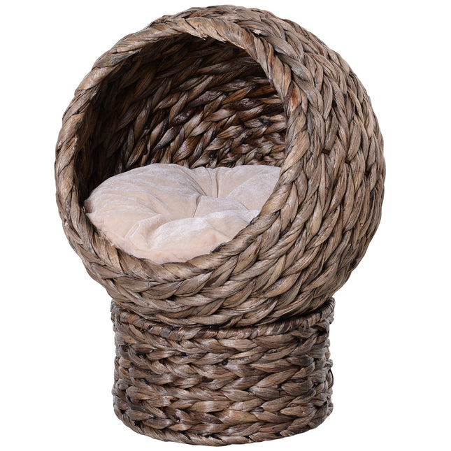 Raised Wicker Cat Bed with Cylindrical Base and Washable Cushion 42x33x52cm - Brown
