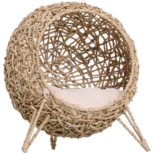 Elevated Ball-Shaped Wicker Cat Bed with Cushion and Tripod Legs - Natural Wood Finish