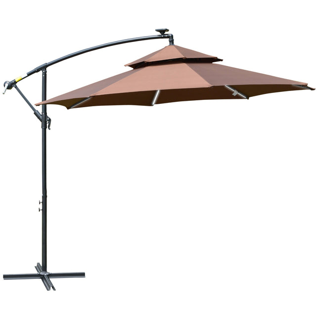 3m Cantilever Banana Hanging Parasol with Double Roof, Solar LED Lights, Crank & Cross Base - Coffee