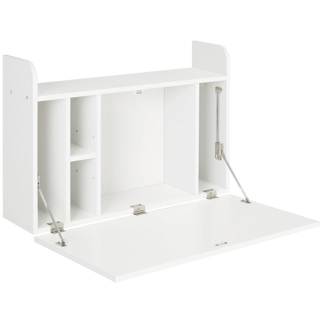 Wall Mounted Drop Leaf Floating Laptop Desk with Storage Compartments for Home Office Study - White
