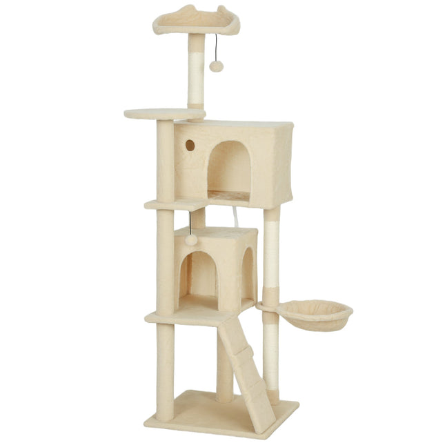 160cm Large Cat Tree Tower with Sisal Scratching Posts, Condos, Plush Perches, Hammock, Ladder, Beige