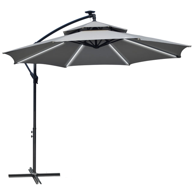 3 Metre Cantilever Banana Parasol with Solar LED Lights and Double Roof - Light Grey