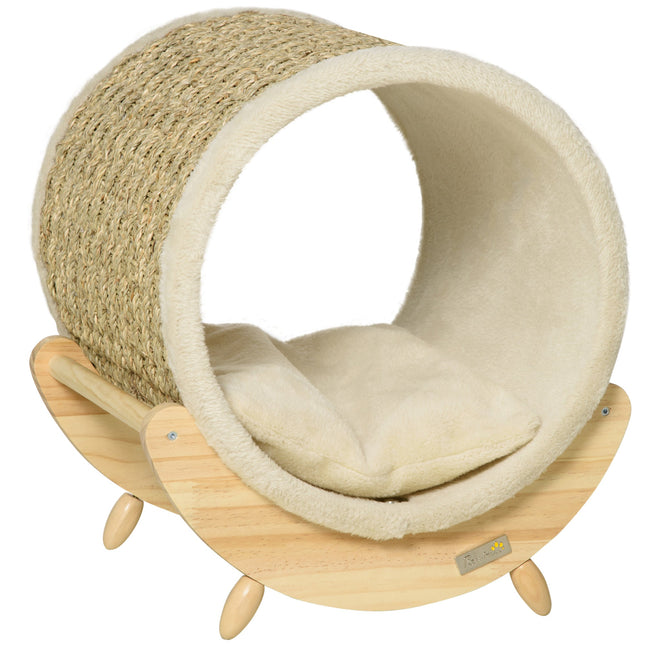 Elevated Cat House with Scratcher and Soft Cushion 41x38x43 cm - Khaki