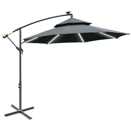 3 Metre Cantilever Banana Parasol with Double Roof & Solar LED Lights - Black