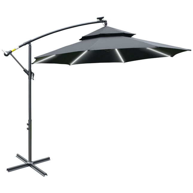 3 Metre Cantilever Banana Parasol with Double Roof & Solar LED Lights - Black