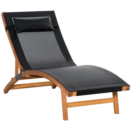 Ergonomic Wooden Patio Lounge Chair with Adjustable Back and Removable Pillow - Black