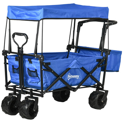 Folding Trolley Cart with Canopy and 4 Wheels for Camping - Blue