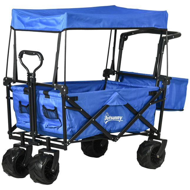 Folding Trolley Cart with Canopy and 4 Wheels for Camping - Blue