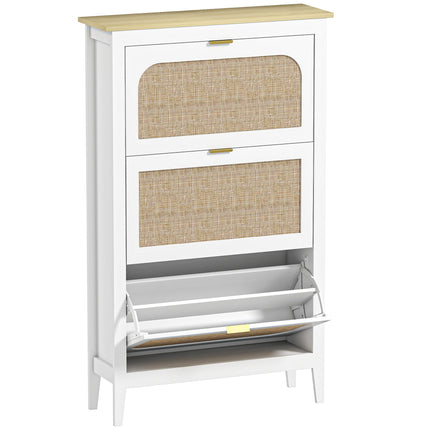 Narrow Shoe Cabinet, Boho Slim Shoe Storage Cabinet with 3 Flip Drawers, Holds 21 Pairs, White