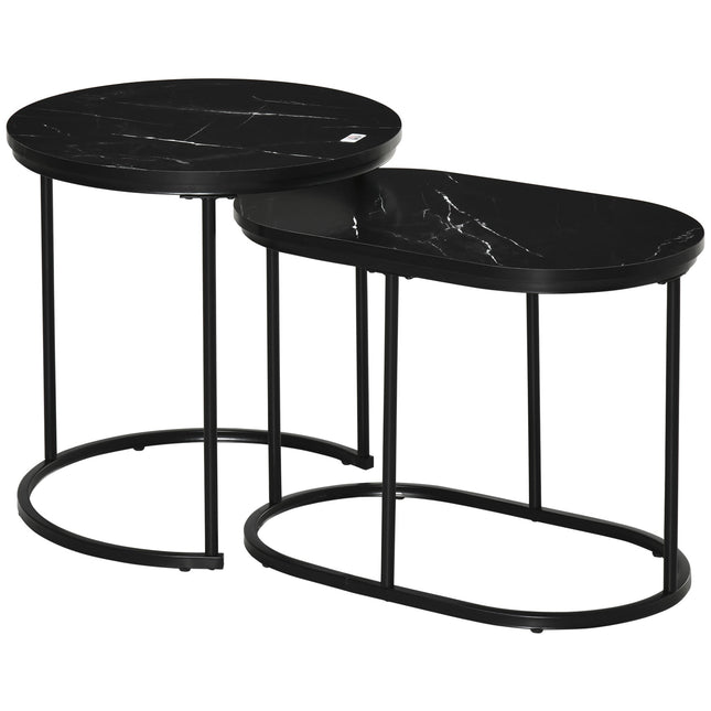 Marble-Effect Nest of Tables with Black Steel Frames - Black/White