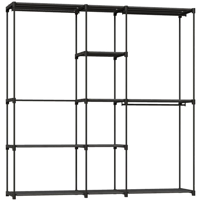 Portable Wardrobe, Open Clothes Wardrobe with 8 Shelves, 3 Hanging Rails, Black