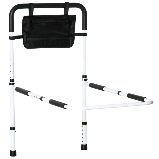 Height Adjustable Safety Bed Rail with Storage Pocket and Grab Bar for Seniors and Disabled - White