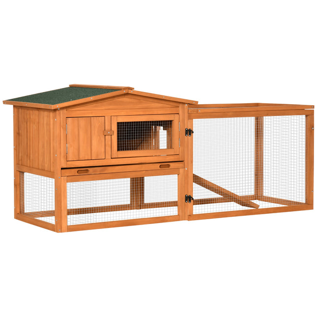 Wooden Rabbit Hutch and Run with Sliding Tray, Hay Rack & Ramp 156x58x68cm - Golden Red