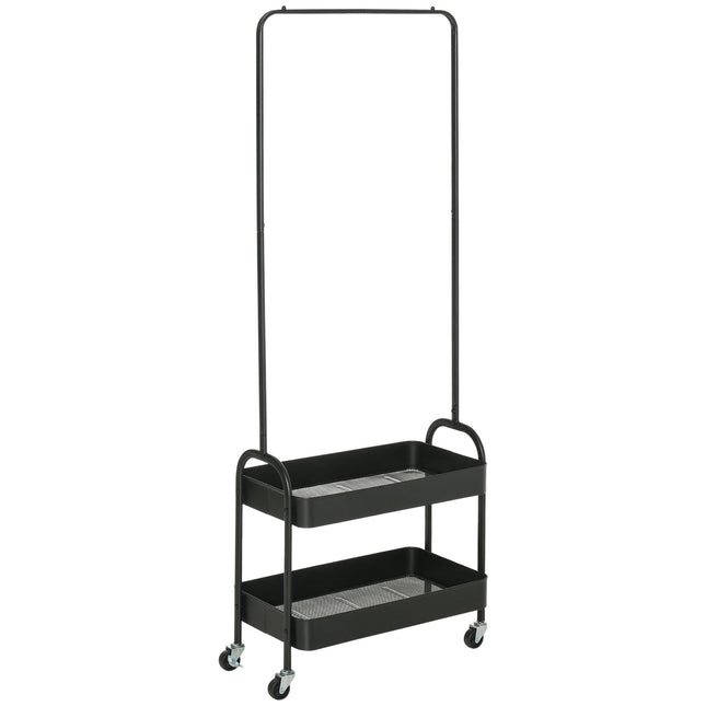 Metal Clothes Rack with Shoe Storage, 2 Shelves & Wheels Freestanding Coat Stand - Black
