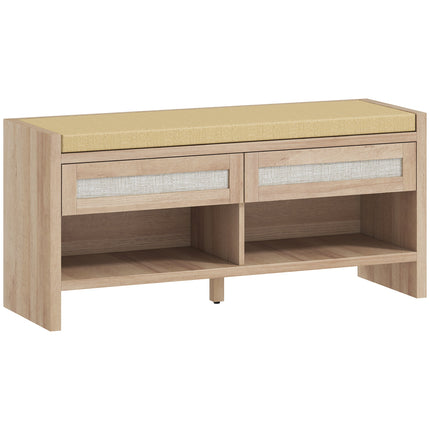 Boho Shoe Bench with 2 Rattan Drawers, Shoe Storage Bench with Cushioned Seat and Open Shelf Oak Wood Effect