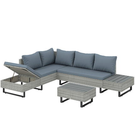 5 Seater Rattan Garden Furniture Set, L Shaped Garden Corner Sofa, Adjustable Back, Faux Wood Tables, Grey