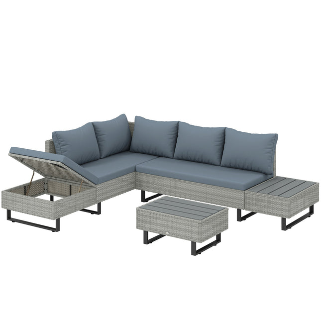 5 Seater Rattan Garden Furniture Set, L Shaped Garden Corner Sofa, Adjustable Back, Faux Wood Tables, Grey