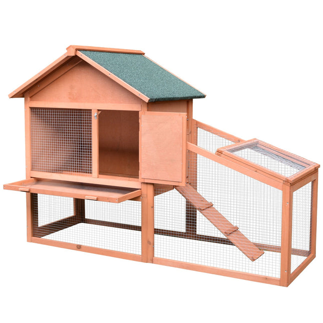 Small Animal Two-Level Fir Wood Hutch with Slide-Out Tray - Red/Brown