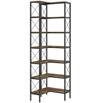 6-Tier L-Shaped Bookshelf, Freestanding Corner Bookcase with Metal Frame, Rustic Brown