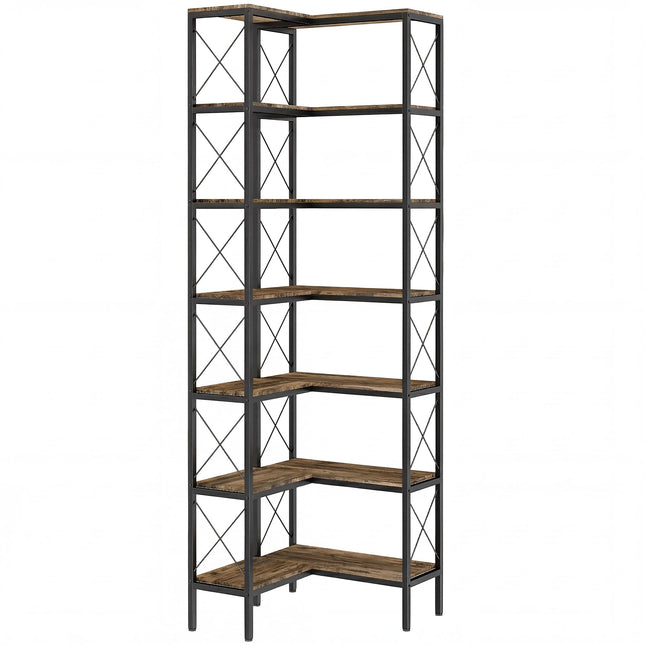6-Tier L-Shaped Bookshelf, Freestanding Corner Bookcase with Metal Frame, Rustic Brown
