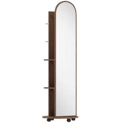 2-in-1 Full Length Mirror with Storage Shelves, Floor Mirror with 4 Wheels, Coat Rack, Hooks, Brown Wood Effect