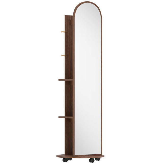 2-in-1 Full Length Mirror with Storage Shelves, Floor Mirror with 4 Wheels, Coat Rack, Hooks, Brown Wood Effect