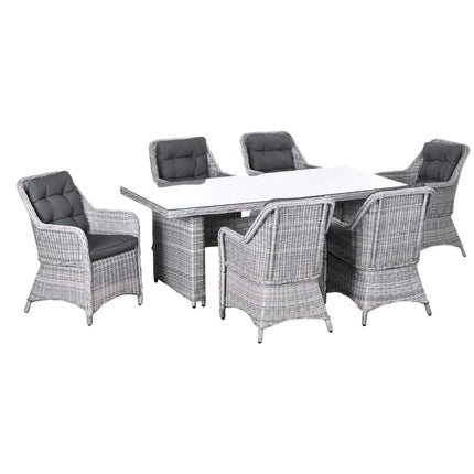 7 PCS Outdoor PE Rattan Dining Table Set with Tempered Glass Top and Aluminium Chairs - Grey