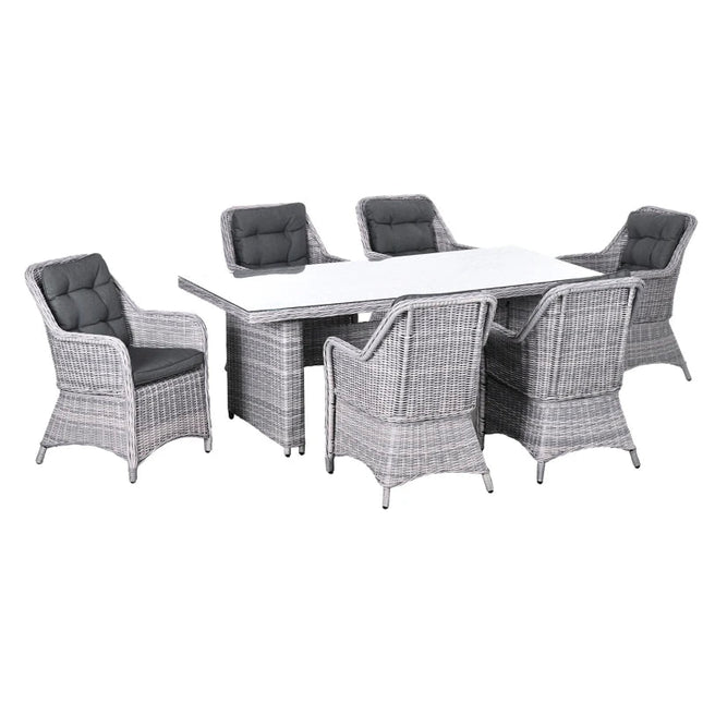 7 PCS Outdoor PE Rattan Dining Table Set with Tempered Glass Top and Aluminium Chairs - Grey
