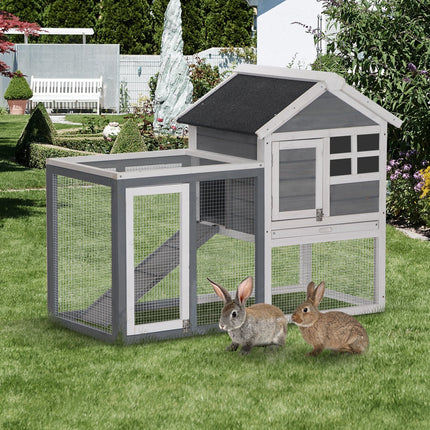 2 Tier Wooden Guinea Pig and Rabbit Hutch with Ramp & Pull-Out Tray 122x62.6x92 cm - Grey and White