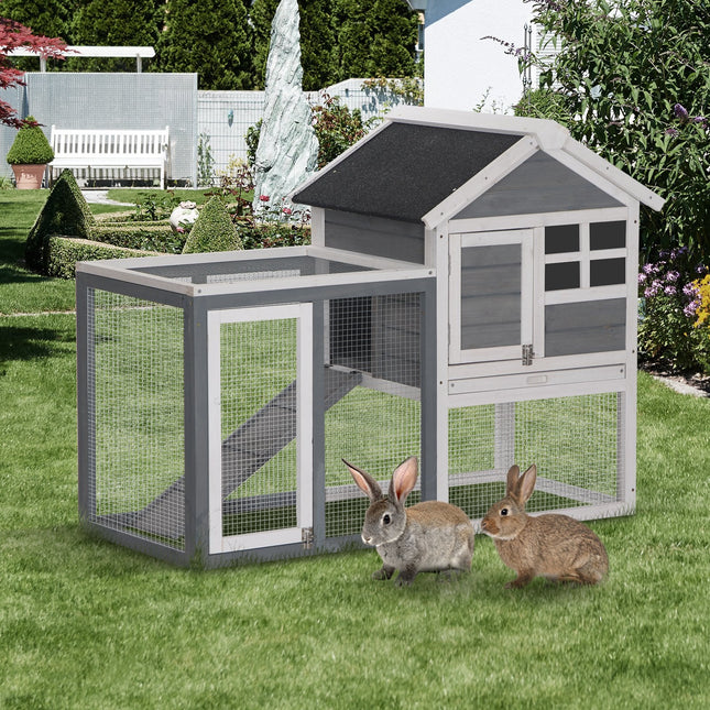 2 Tier Wooden Guinea Pig and Rabbit Hutch with Ramp & Pull-Out Tray 122x62.6x92 cm - Grey and White
