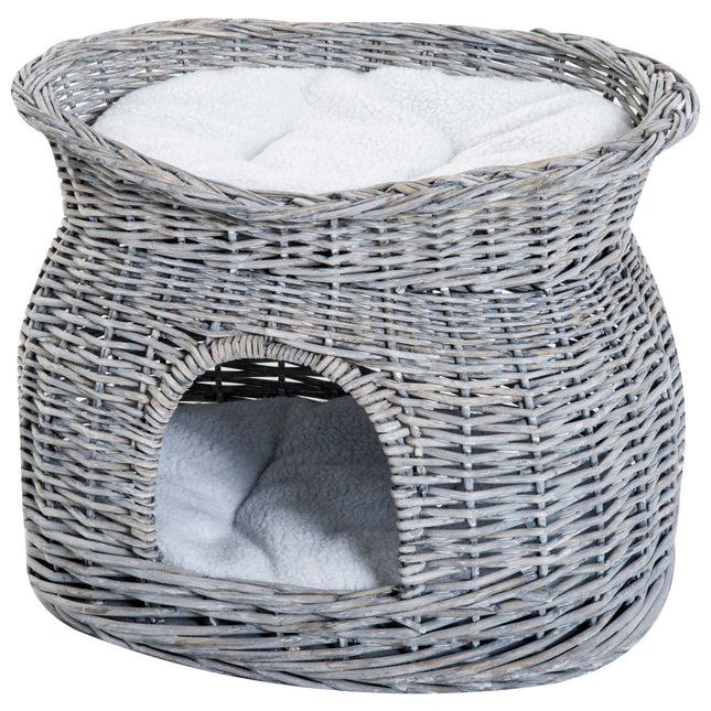 2-Tier Wicker Cat House Elevated Pet Bed Basket with Washable Cushions 56x37x40cm - Grey