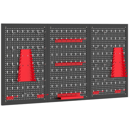 28 Pcs Wall-Mounted Pegboard with 3 Boards, Garage Tool Storage Unit Black and Red