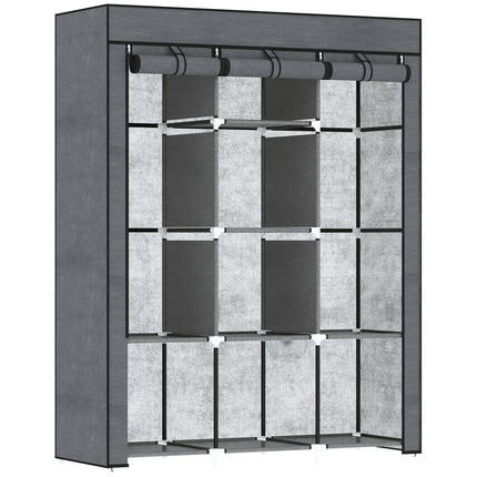 Fabric Wardrobe with Two Rails and Eight Shelves for Clothes Storage - Dark Grey