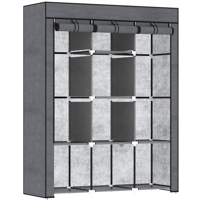 Fabric Wardrobe with Two Rails and Eight Shelves for Clothes Storage - Dark Grey