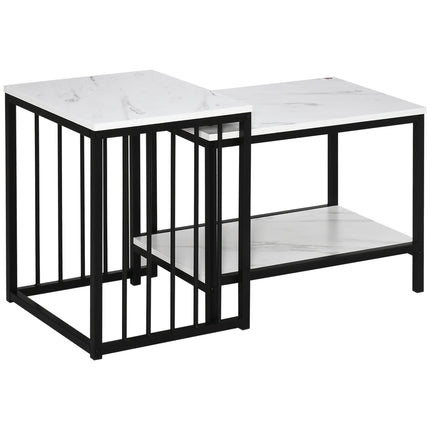 Modern Marble-Effect Nesting Coffee Table Set of 2 with Steel Frame - White and Black