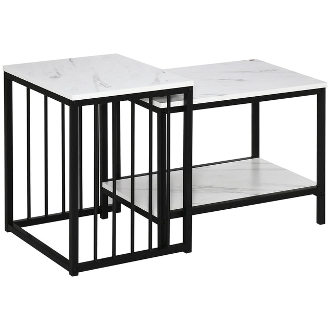 Modern Marble-Effect Nesting Coffee Table Set of 2 with Steel Frame - White and Black